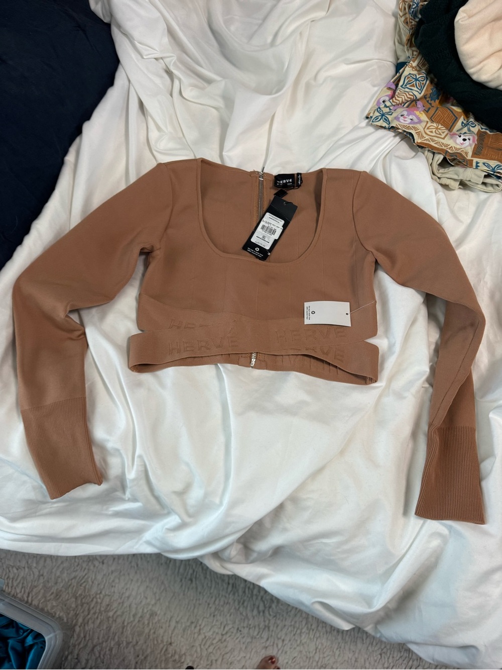 Cropped Long Sleeve Ribbed Top in Tan Brown
